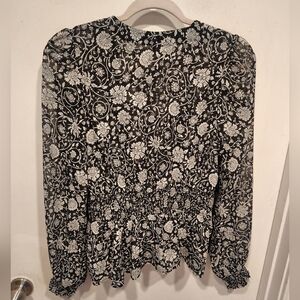 Old Navy Women's Black & White Floral Smocked Tie Waist Peplum Hem Top M Tall